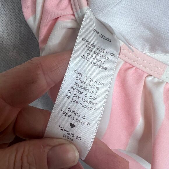 Sugar Coast Pink White Striped Ruffle Neckline Low Back One Piece Swimsuit Sz MD - Picture 7 of 9